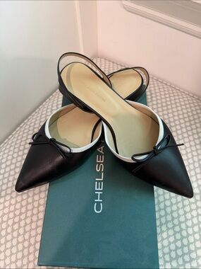 Chelsea Paris Black Slingback Pointed Flats with White Trim